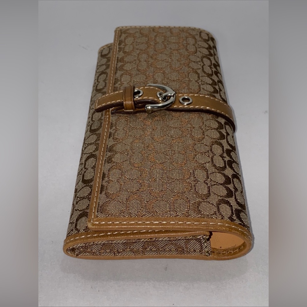 Coach Mini Monogram TAN LONG WALLET W/LEATHER TRIM & BUCKLE VGC - Picture 12 of 14